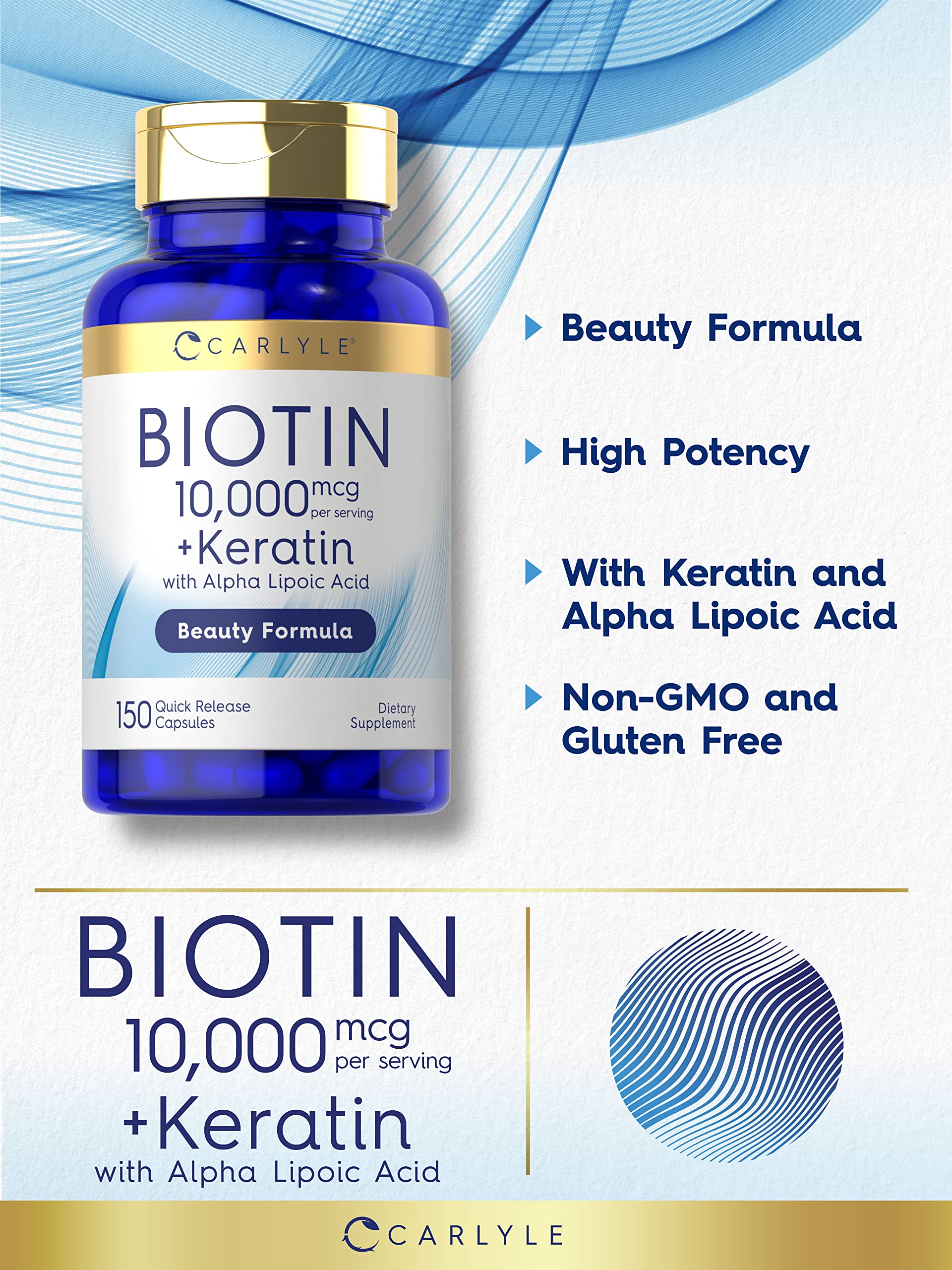 Carlyle Biotin 10000mcg | 150 Capsules | Beauty Formula with Keratin | Non-GMO, Gluten Free Supplement